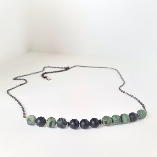 Matte Onyx & Kambala Jasper Stone and Steel Necklace