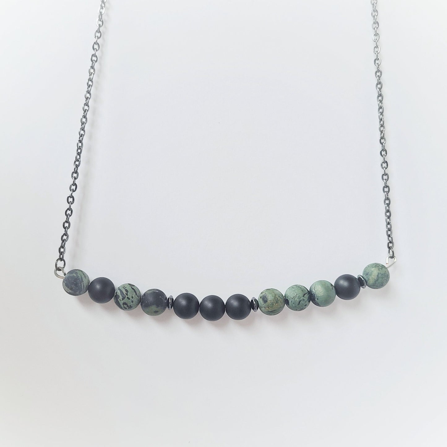 Matte Onyx & Kambala Jasper Stone and Steel Necklace