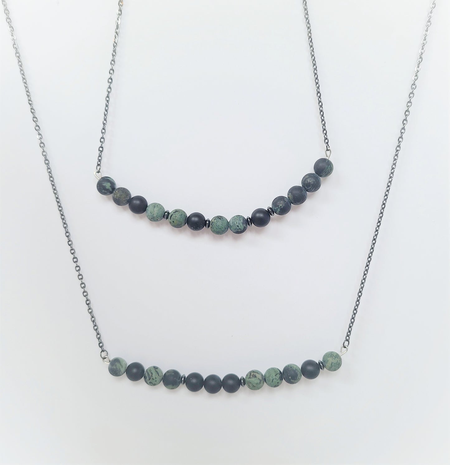 Matte Onyx & Kambala Jasper Stone and Steel Necklace