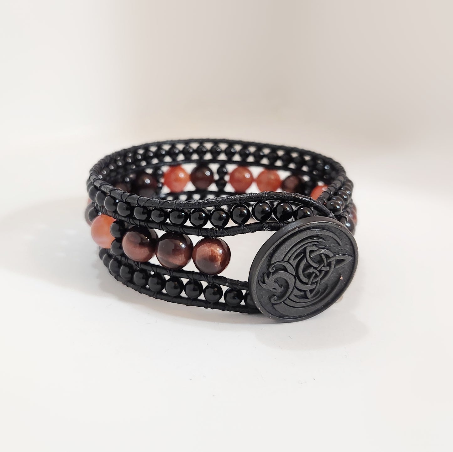 Red Tiger's Eye & Fire Agate Black Leather Cuff Bracelet