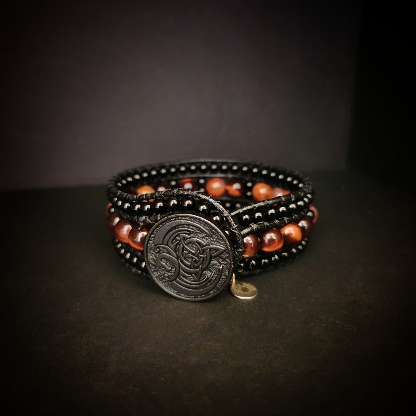 Red Tiger's Eye & Fire Agate Black Leather Cuff Bracelet