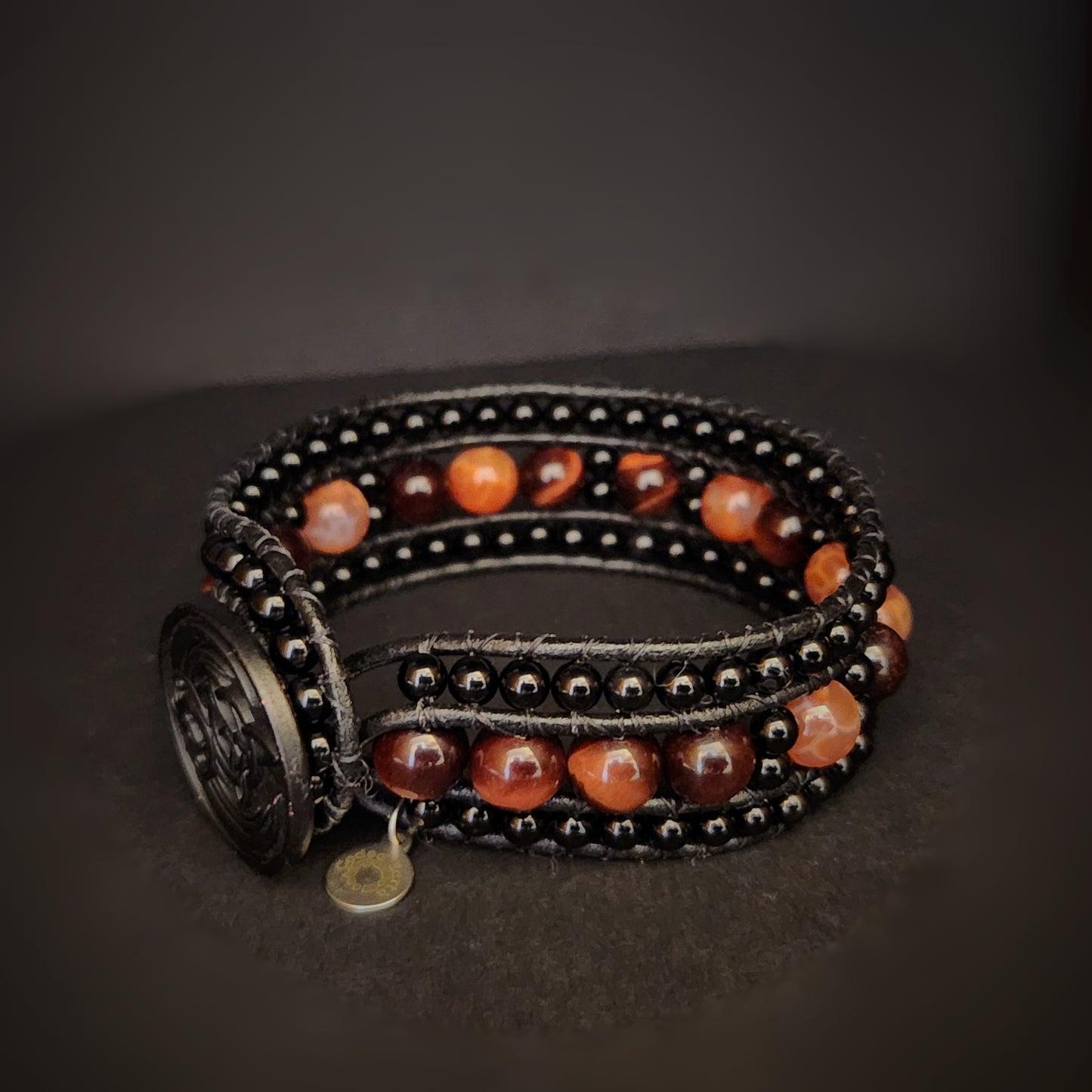 Red Tiger's Eye & Fire Agate Black Leather Cuff Bracelet