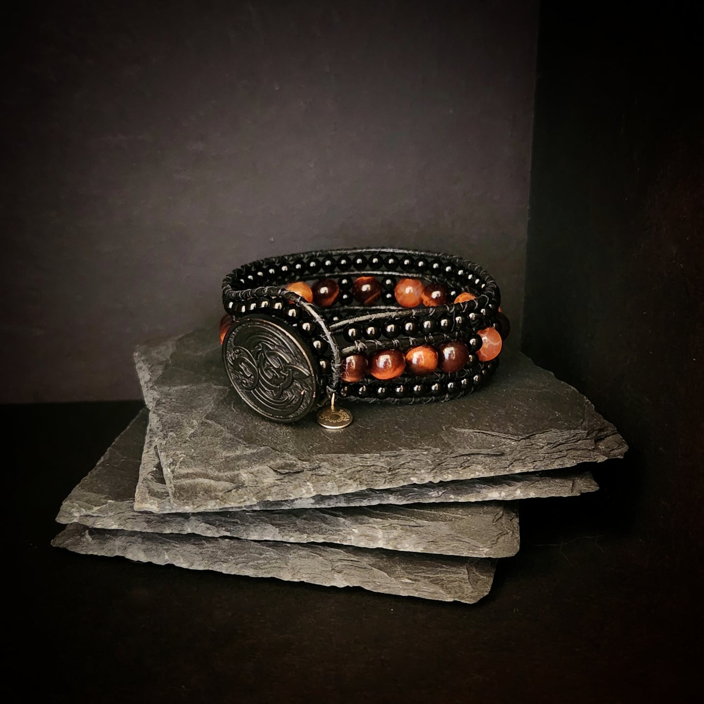 Red Tiger's Eye & Fire Agate Black Leather Cuff Bracelet