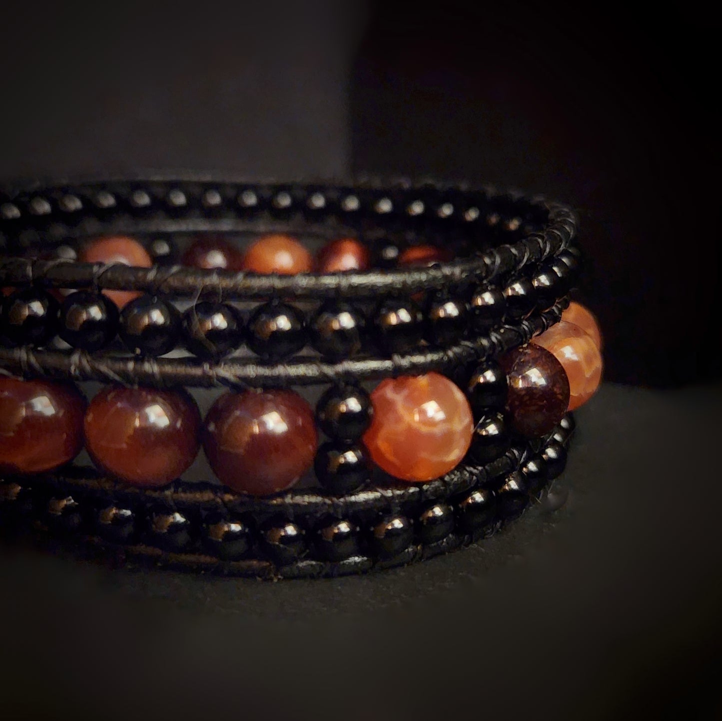 Red Tiger's Eye & Fire Agate Black Leather Cuff Bracelet