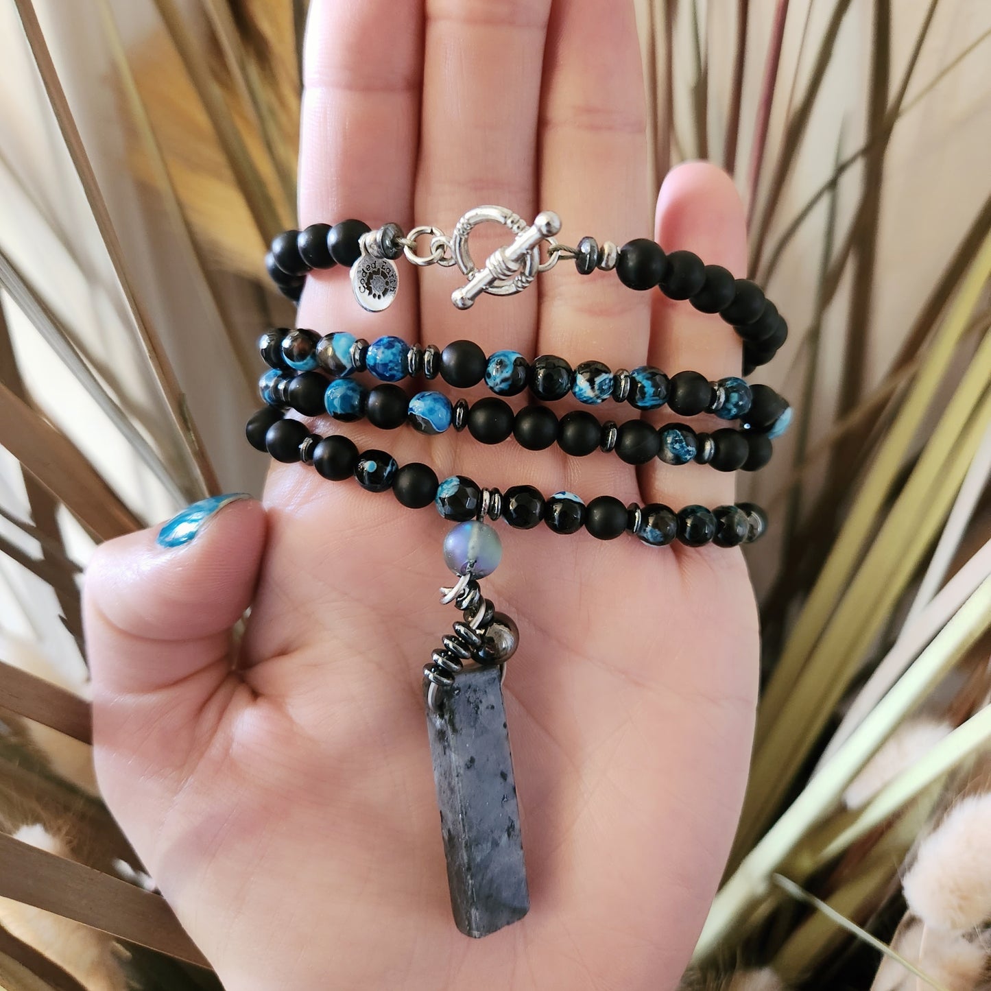 Blue Fire Agate & Onyx 108 Bead Mala Necklace with Labradorite Pendant