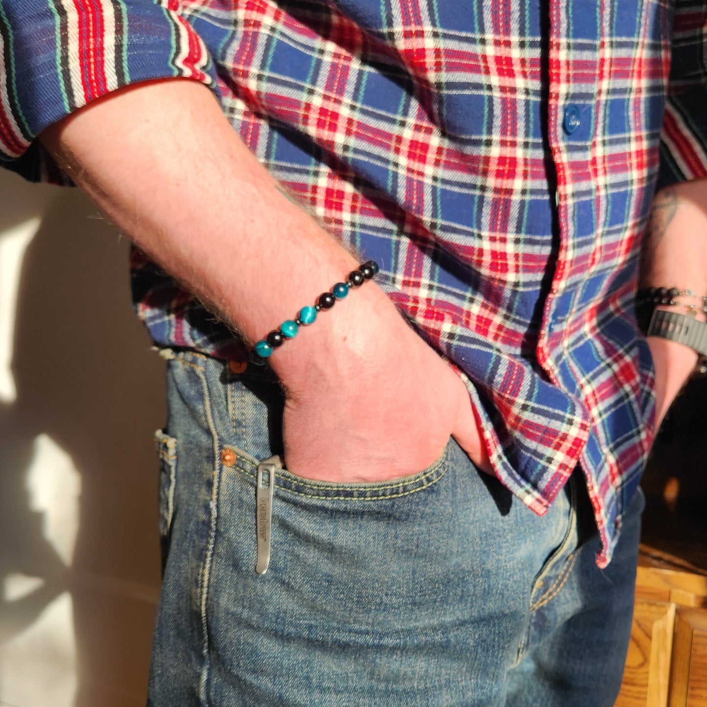 Azure Tiger's Eye and Black Tourmaline Steel Bracelet