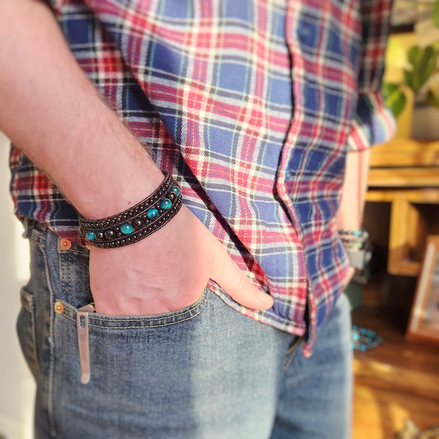 Azure Tiger's Eye & Tourmaline Black Leather Cuff Bracelet