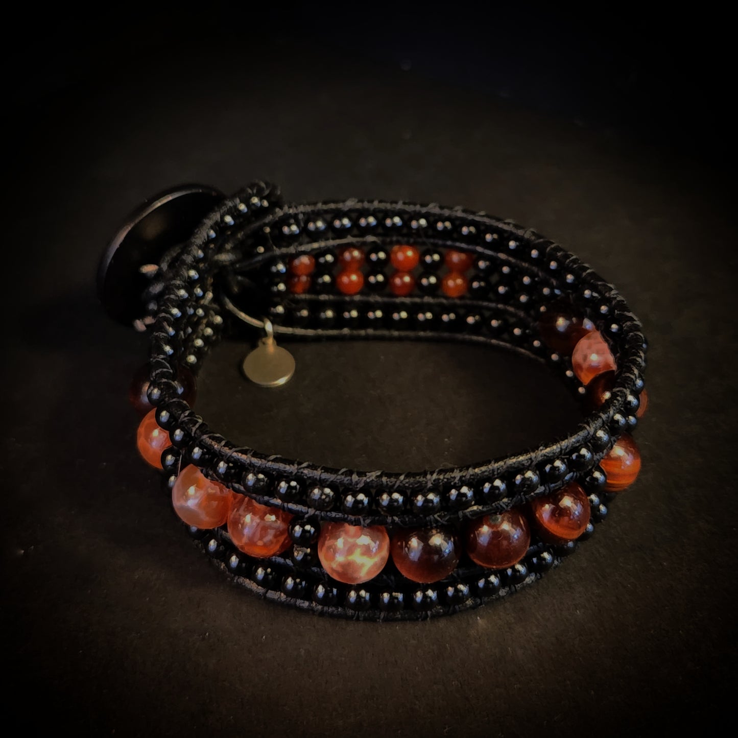 Red Tiger's Eye & Fire Agate Black Leather Cuff Bracelet