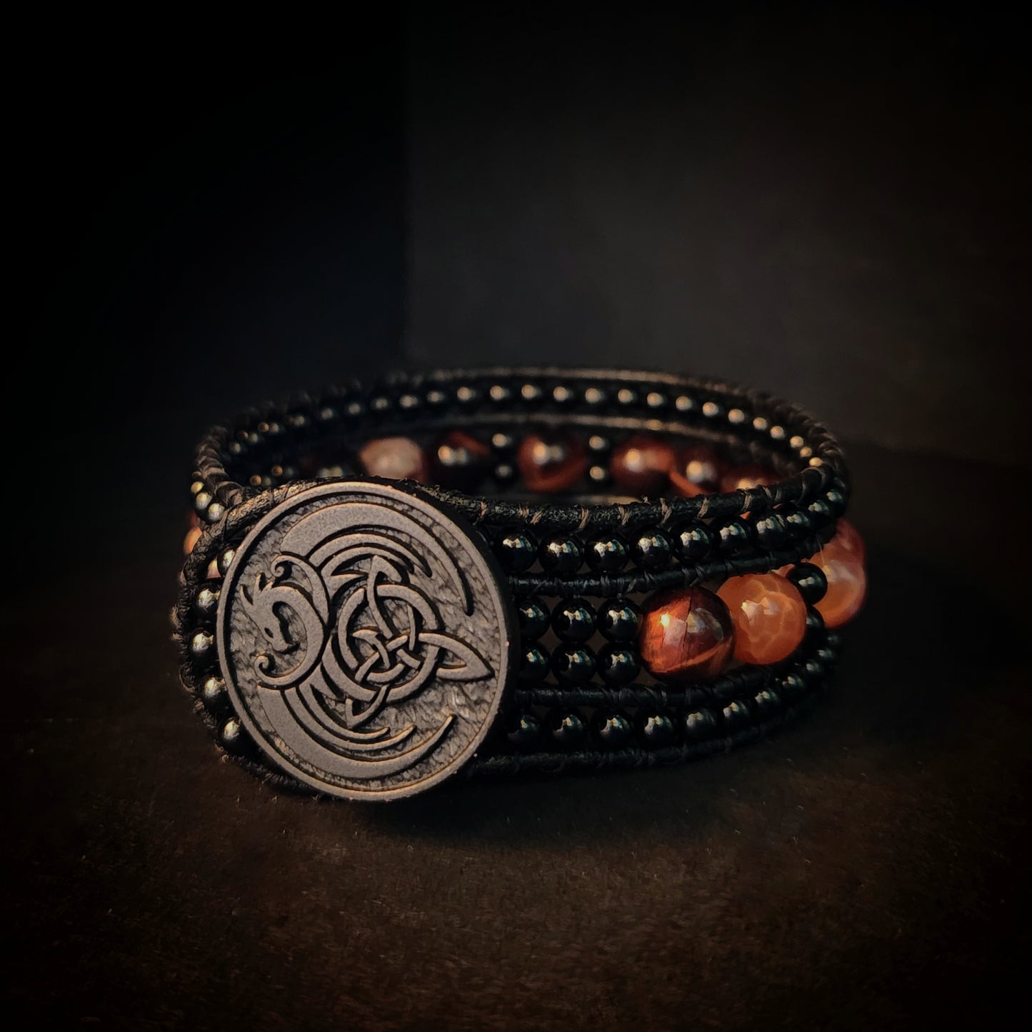 Red Tiger's Eye & Fire Agate Black Leather Cuff Bracelet