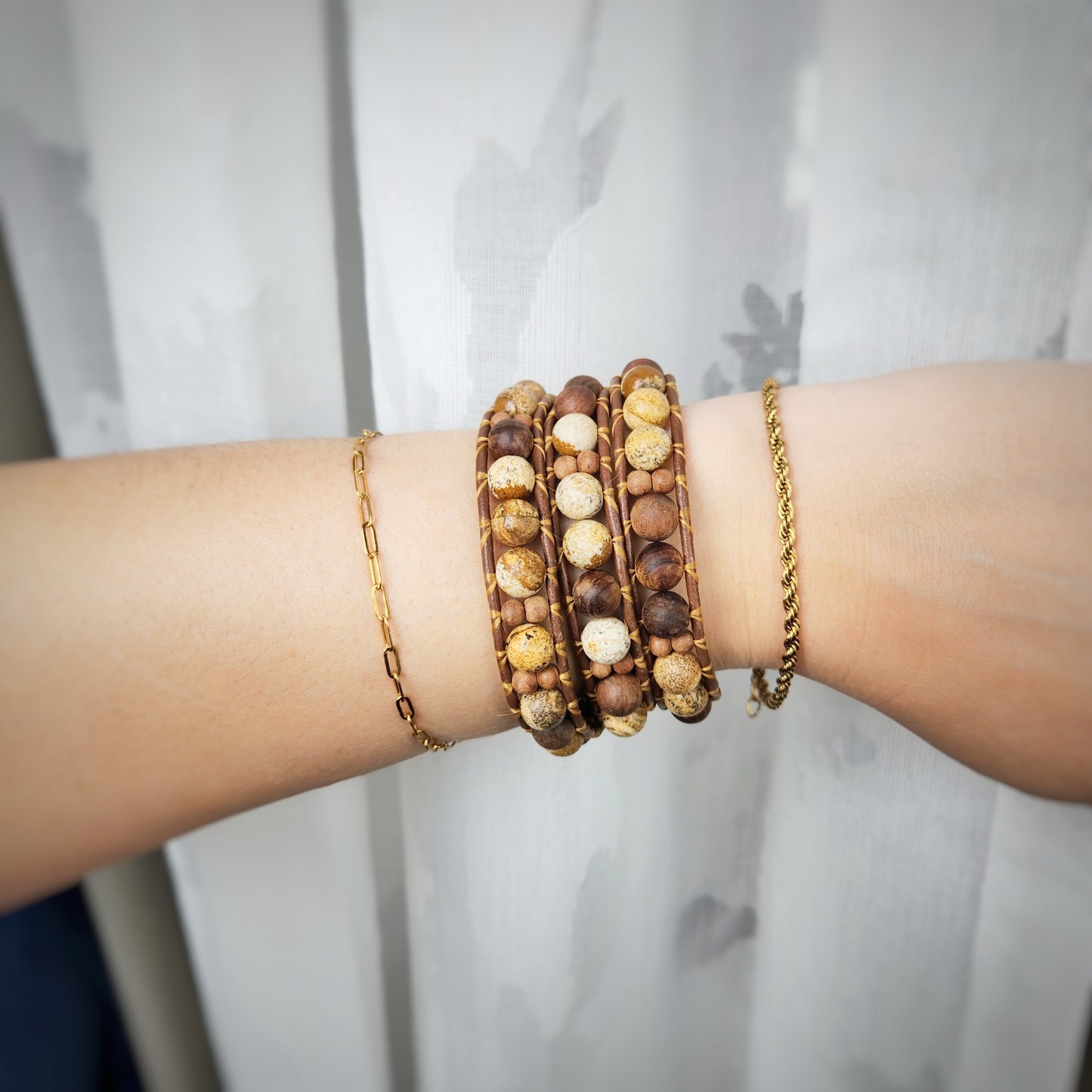 Sandalwood & Picture Jasper Leather Wrap Bracelet