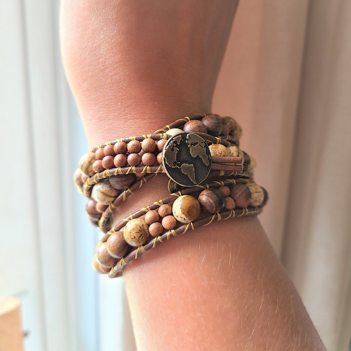 Sandalwood & Picture Jasper Leather Wrap Bracelet