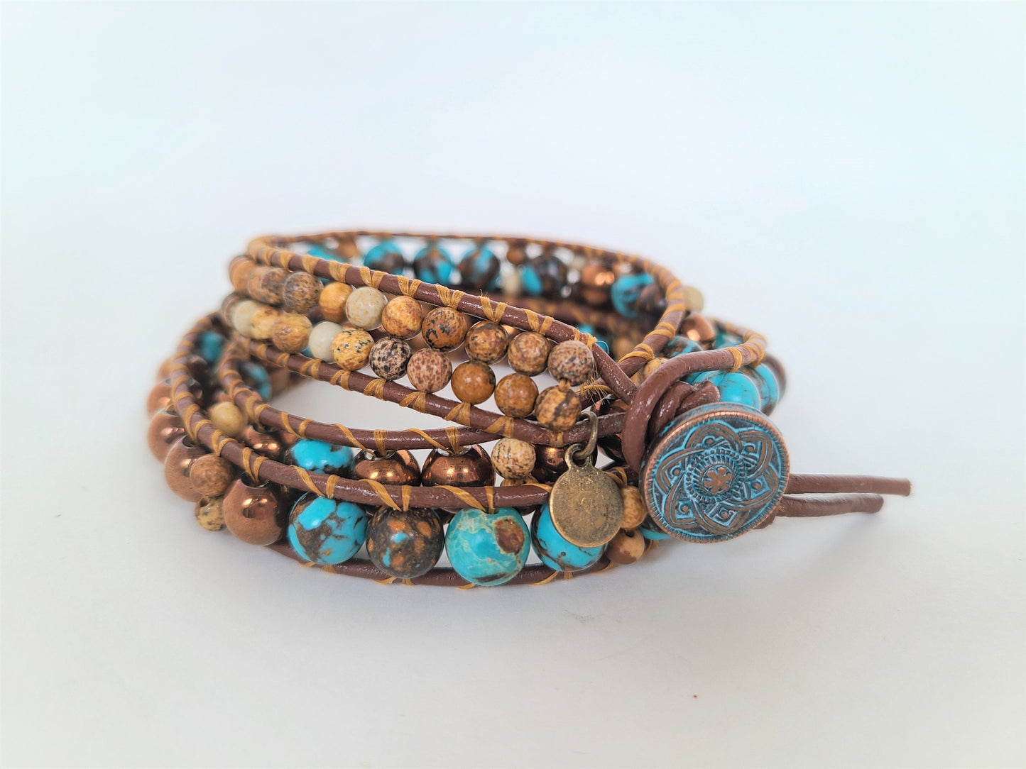 Siderolite, Copper Hematite & Jasper Leather Wrap Bracelet