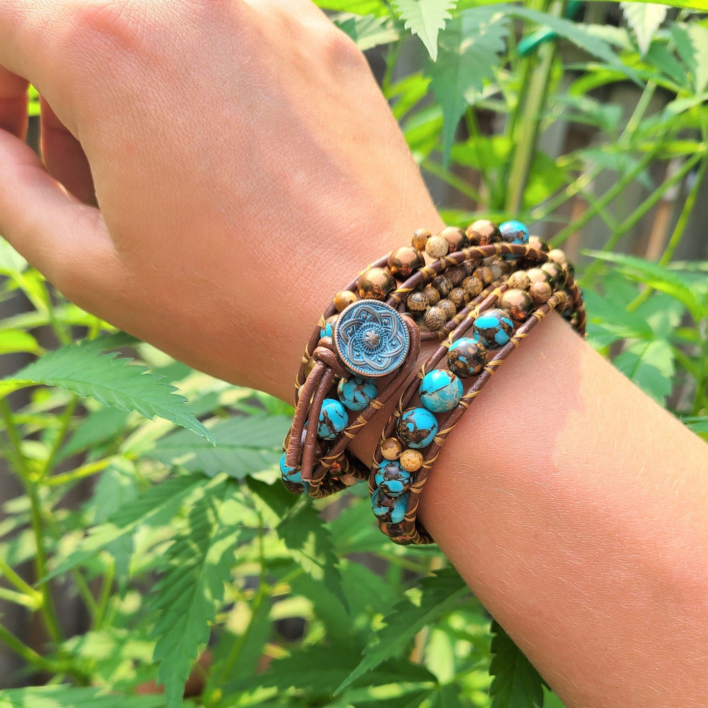 Siderolite, Copper Hematite & Jasper Leather Wrap Bracelet