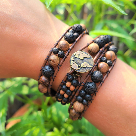 Sandalwood & Lava Brown Leather Wrap Bracelet