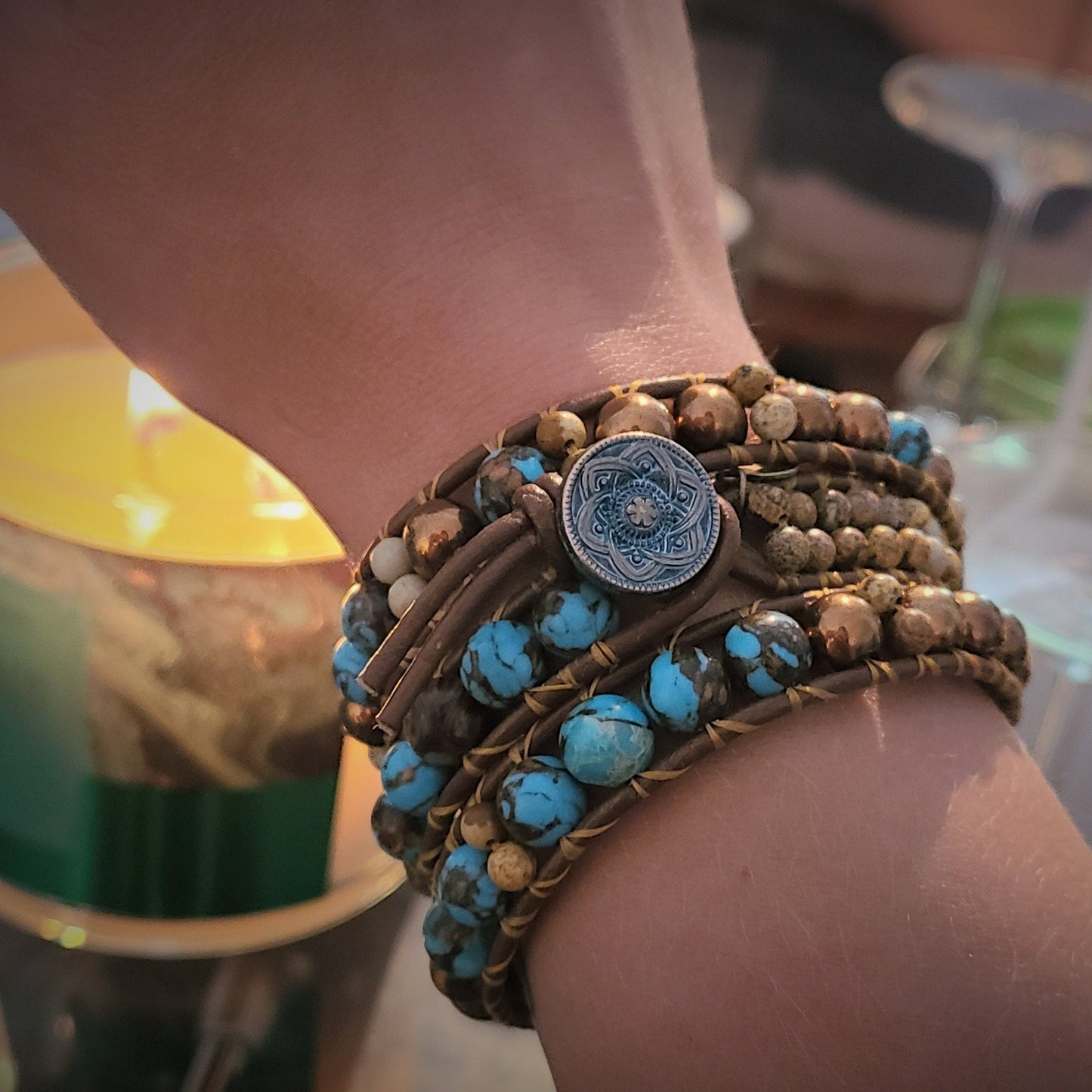 Siderolite, Copper Hematite & Jasper Leather Wrap Bracelet