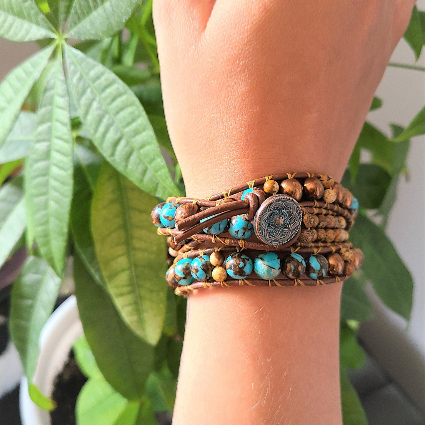 Siderolite, Copper Hematite & Jasper Leather Wrap Bracelet