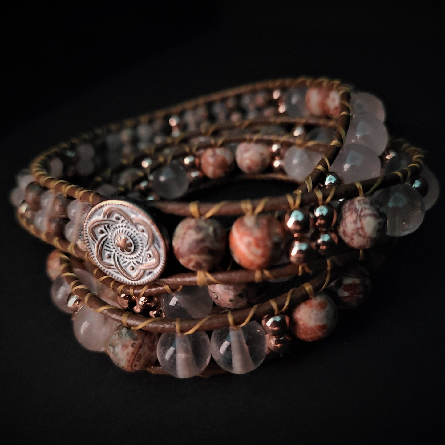 Rose Quartz, Leopard Jasper & Rose Gold Hematite Leather Wrap Bracelet