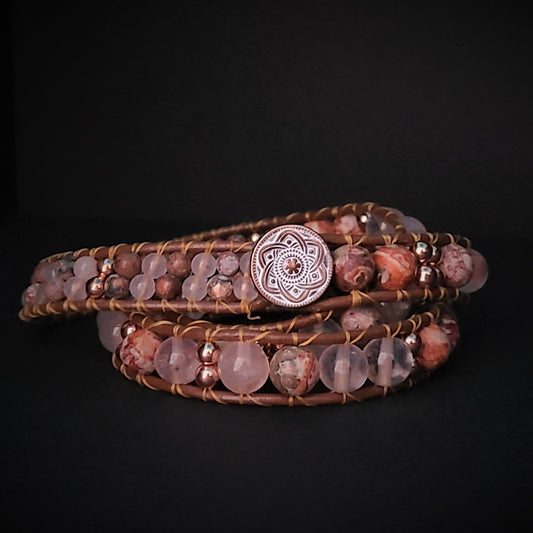 Rose Quartz, Leopard Jasper & Rose Gold Hematite Leather Wrap Bracelet