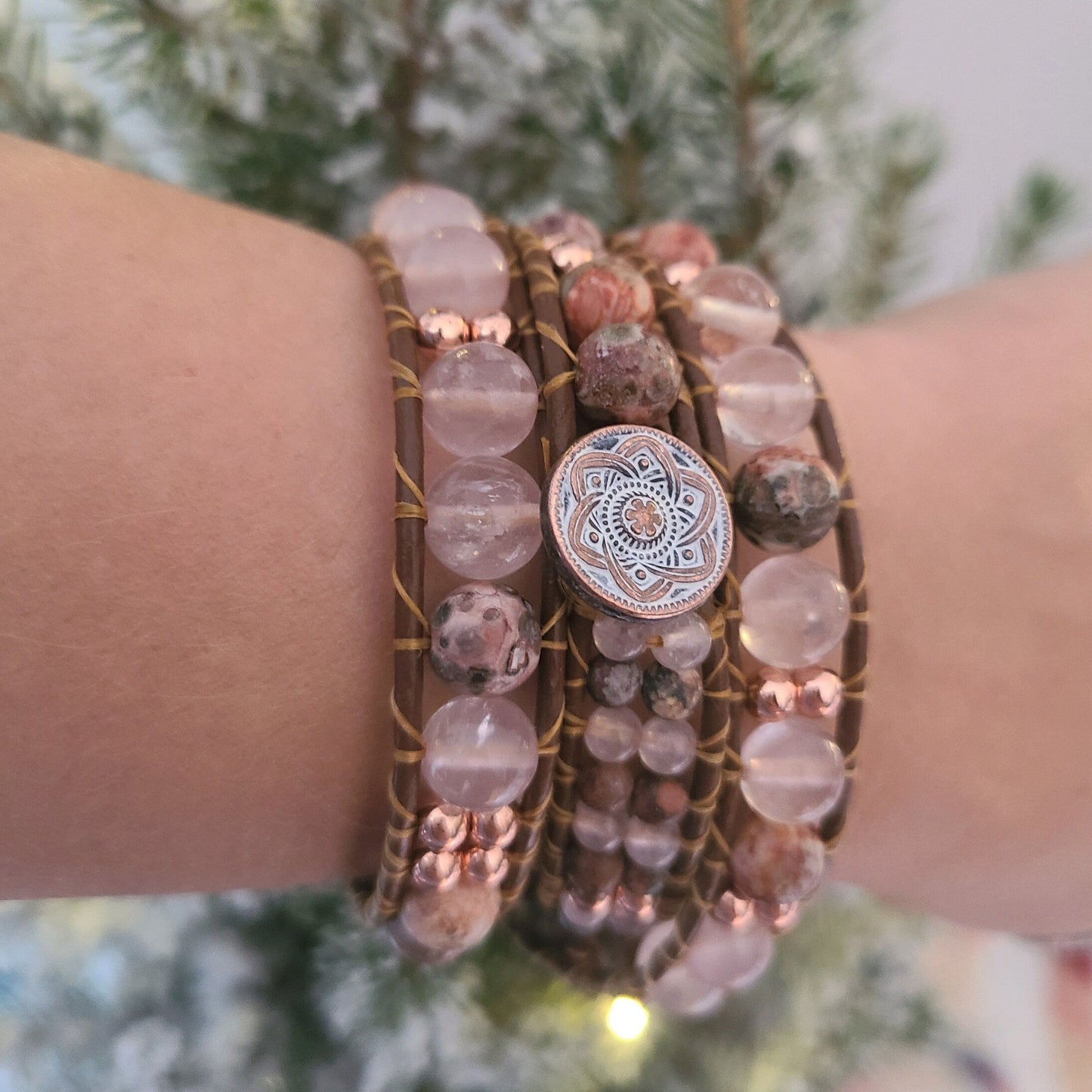 Rose Quartz, Leopard Jasper & Rose Gold Hematite Leather Wrap Bracelet