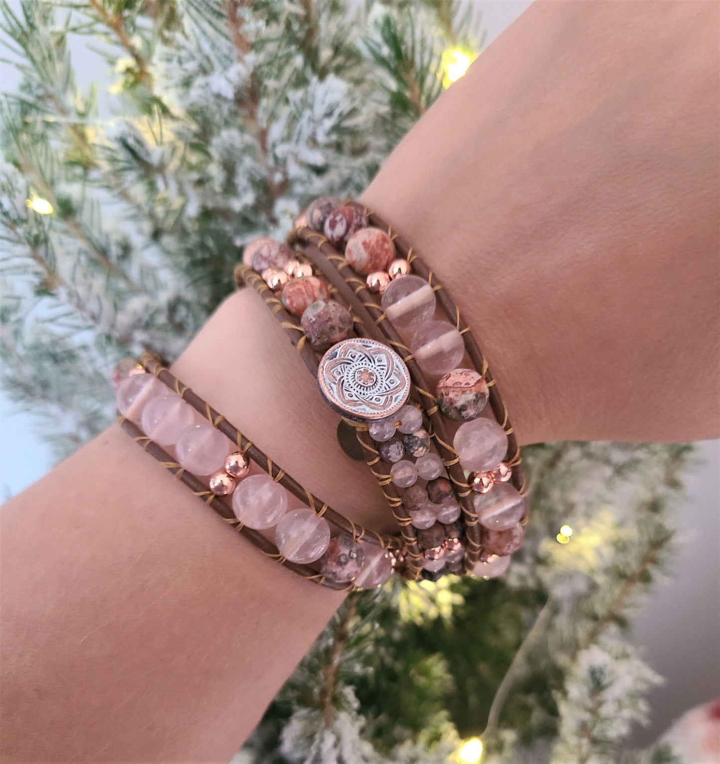 Rose Quartz, Leopard Jasper & Rose Gold Hematite Leather Wrap Bracelet