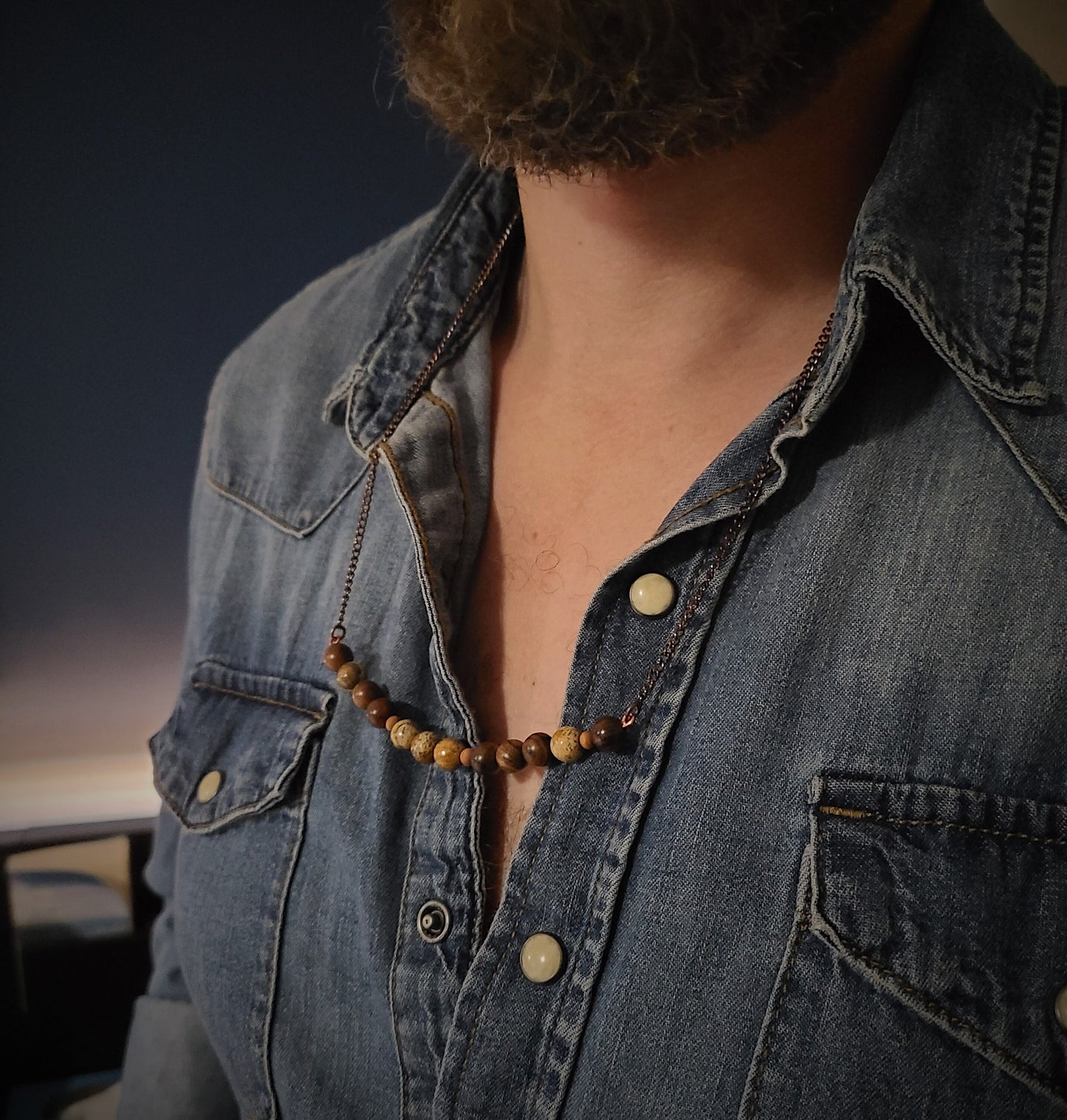 Sandalwood & Picture Jasper Stone and Steel Necklace