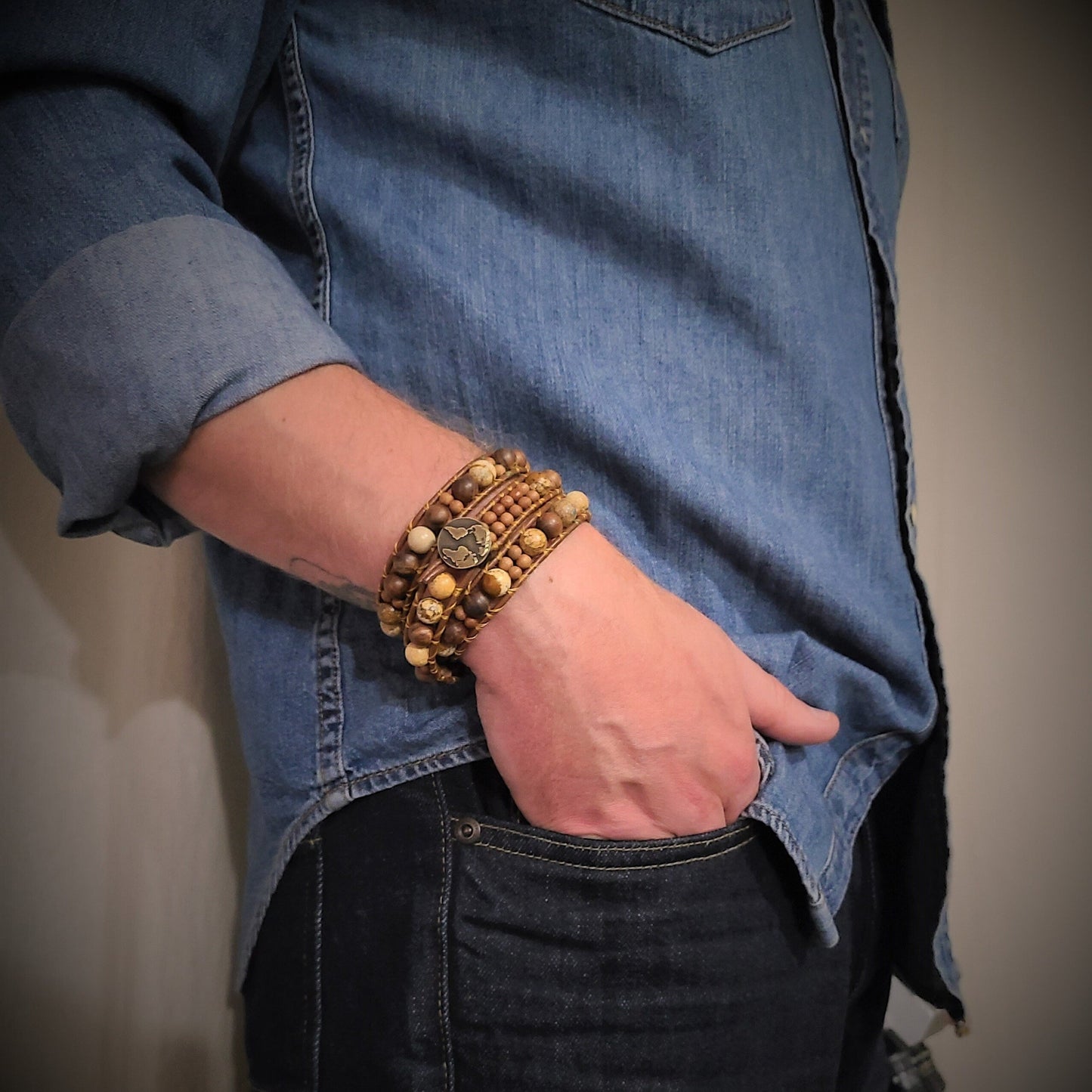 Sandalwood & Picture Jasper Leather Wrap Bracelet