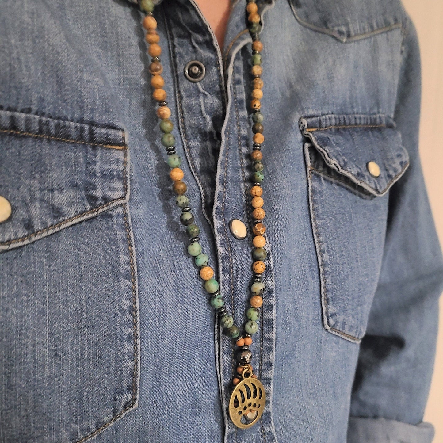 African Turquoise & Jasper 108 Bead Mala Necklace with Bear Paw Pendant