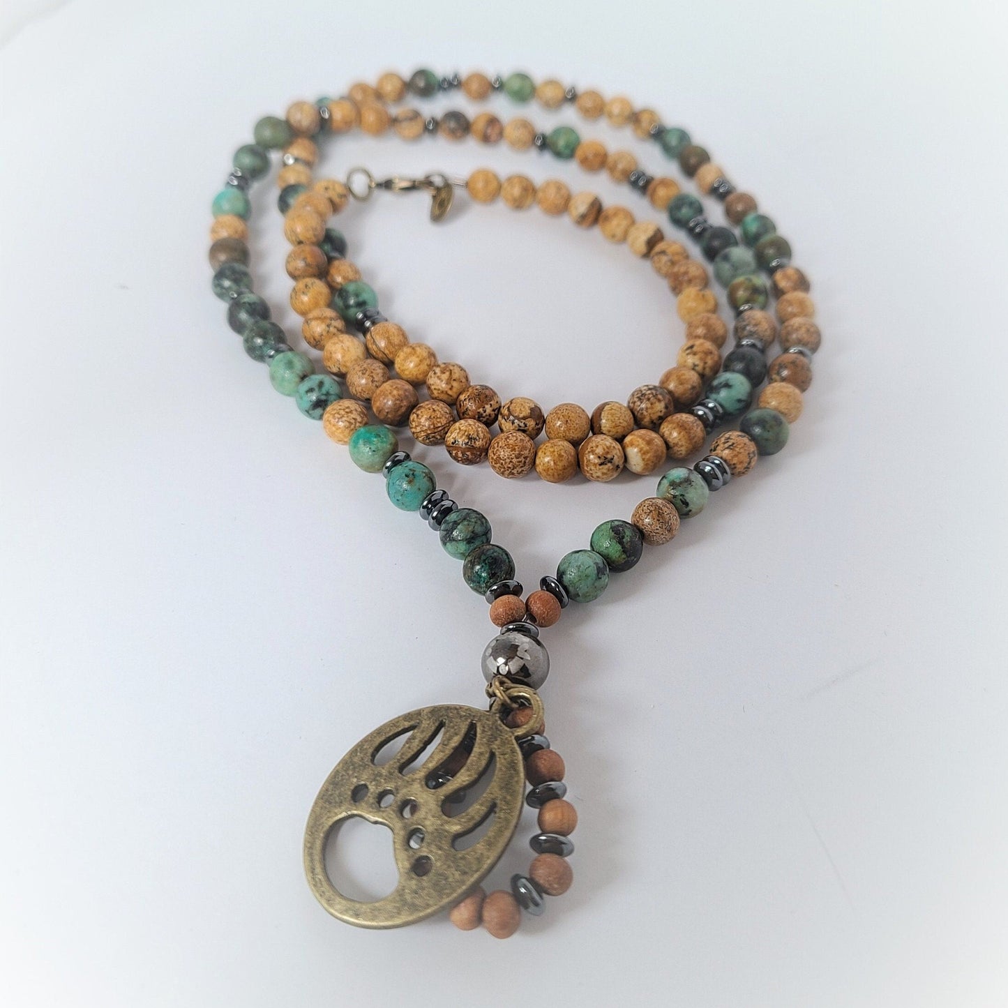 African Turquoise & Jasper 108 Bead Mala Necklace with Bear Paw Pendant