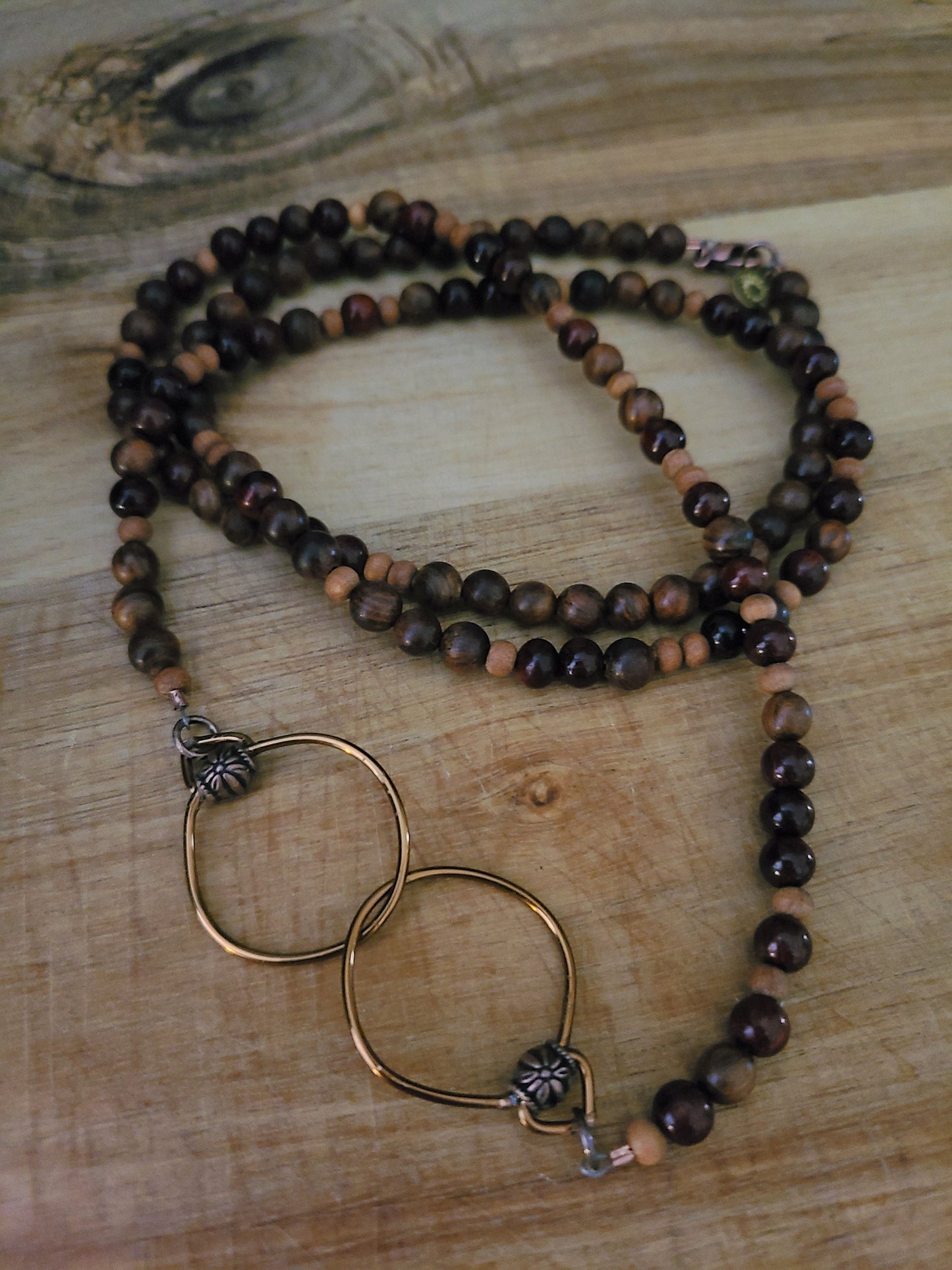 Sandalwood 108 Bead Mala Necklace with Copper Linked Ring Pendant