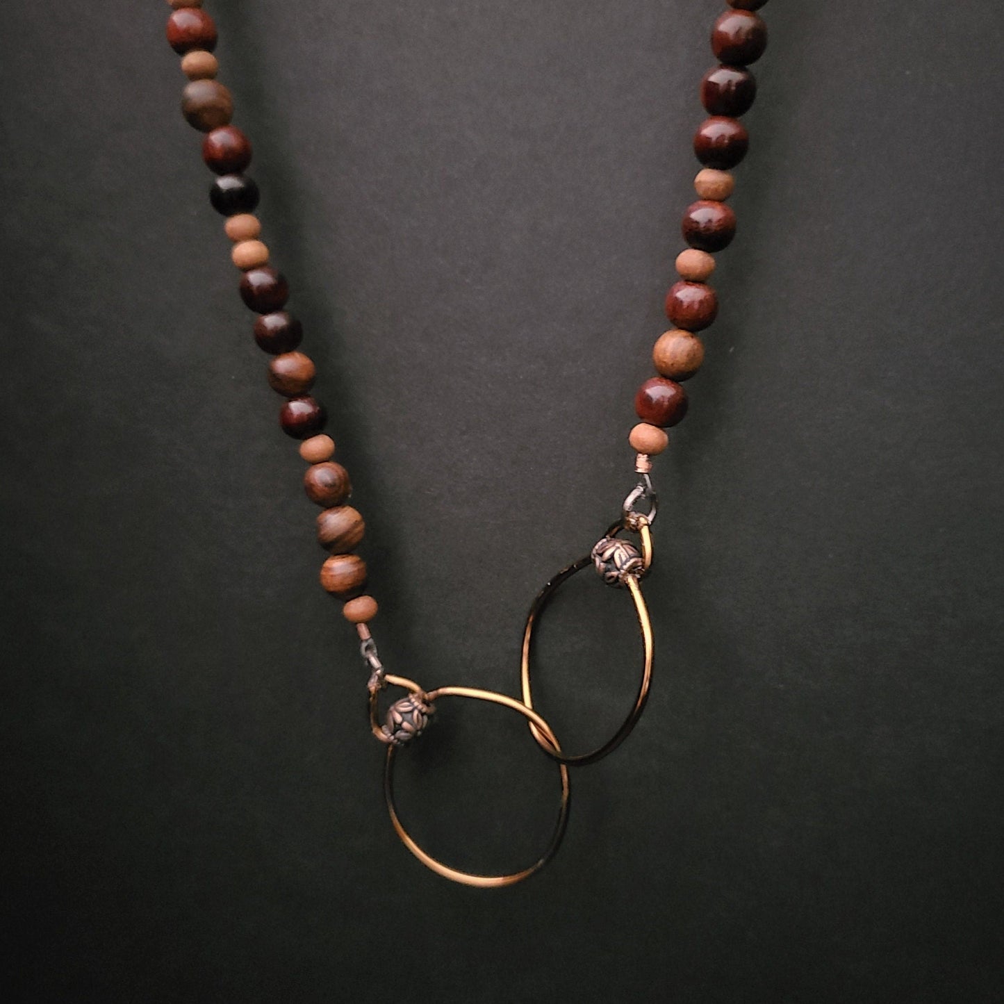 Sandalwood 108 Bead Mala Necklace with Copper Linked Ring Pendant