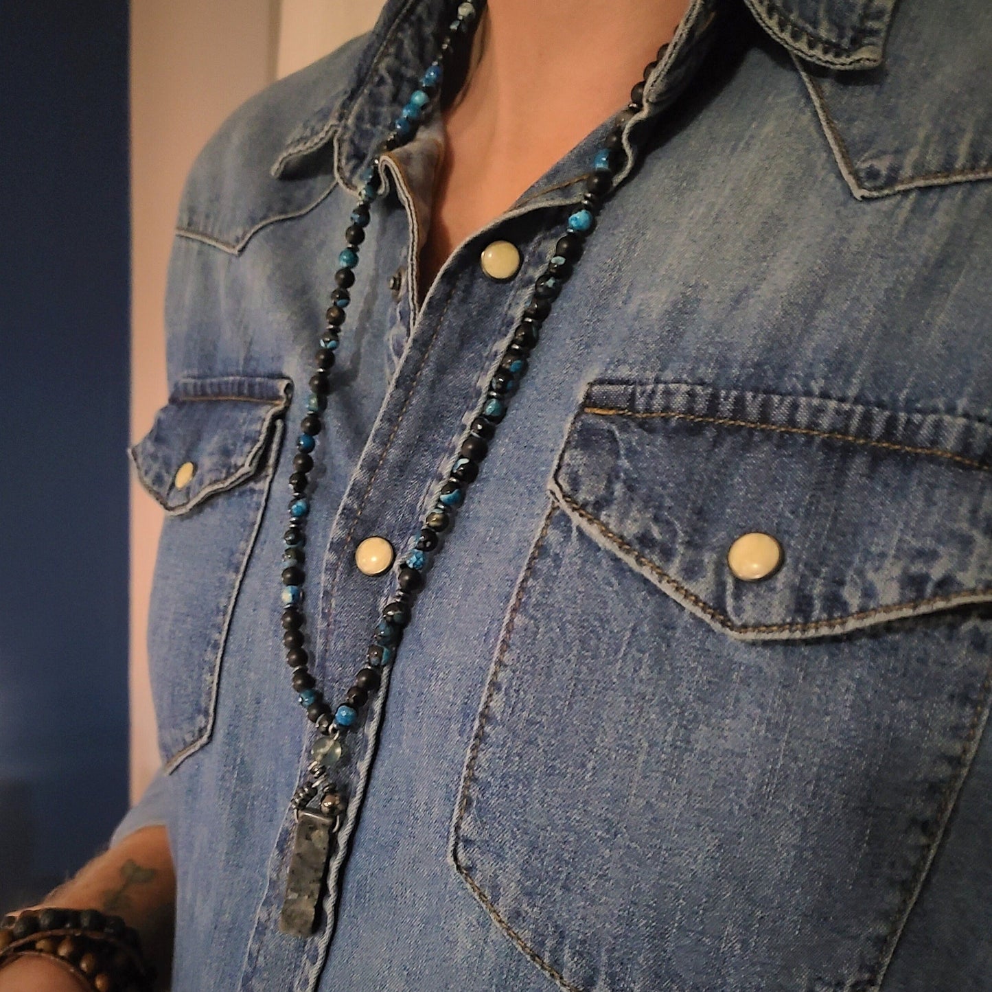 Blue Fire Agate & Onyx 108 Bead Mala Necklace with Labradorite Pendant