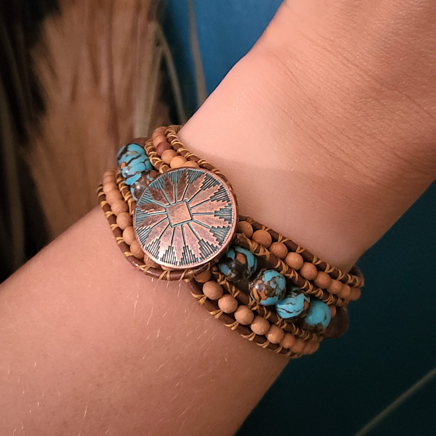 "Remember" | Turquoise Siderolite & Sandalwood Coded Message Leather Cuff Bracelet