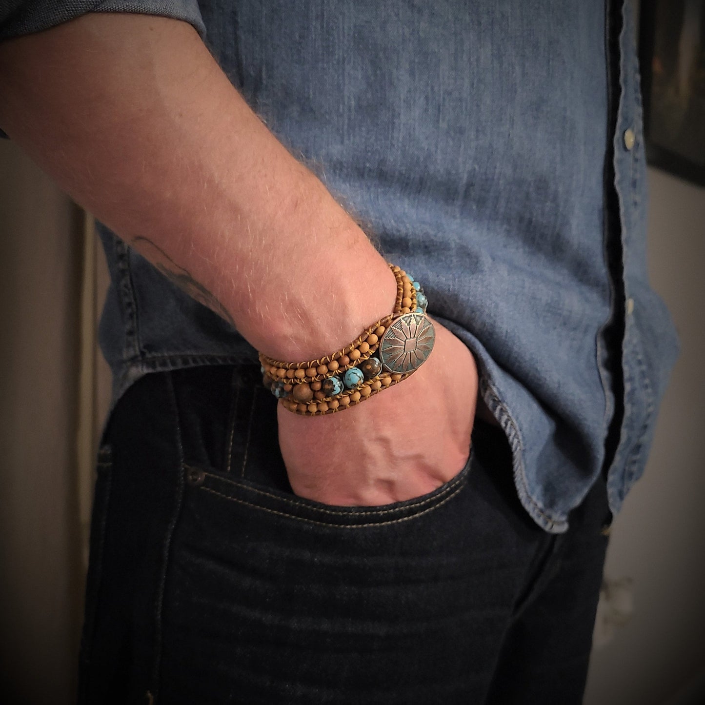 "Remember" | Turquoise Siderolite & Sandalwood Coded Message Leather Cuff Bracelet