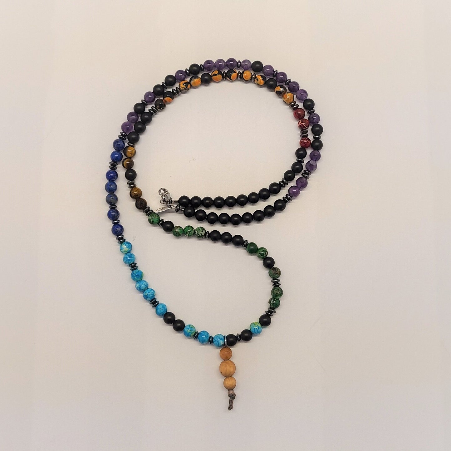 7 Chakras 108 Bead Mala Necklace with Cedar Pendant