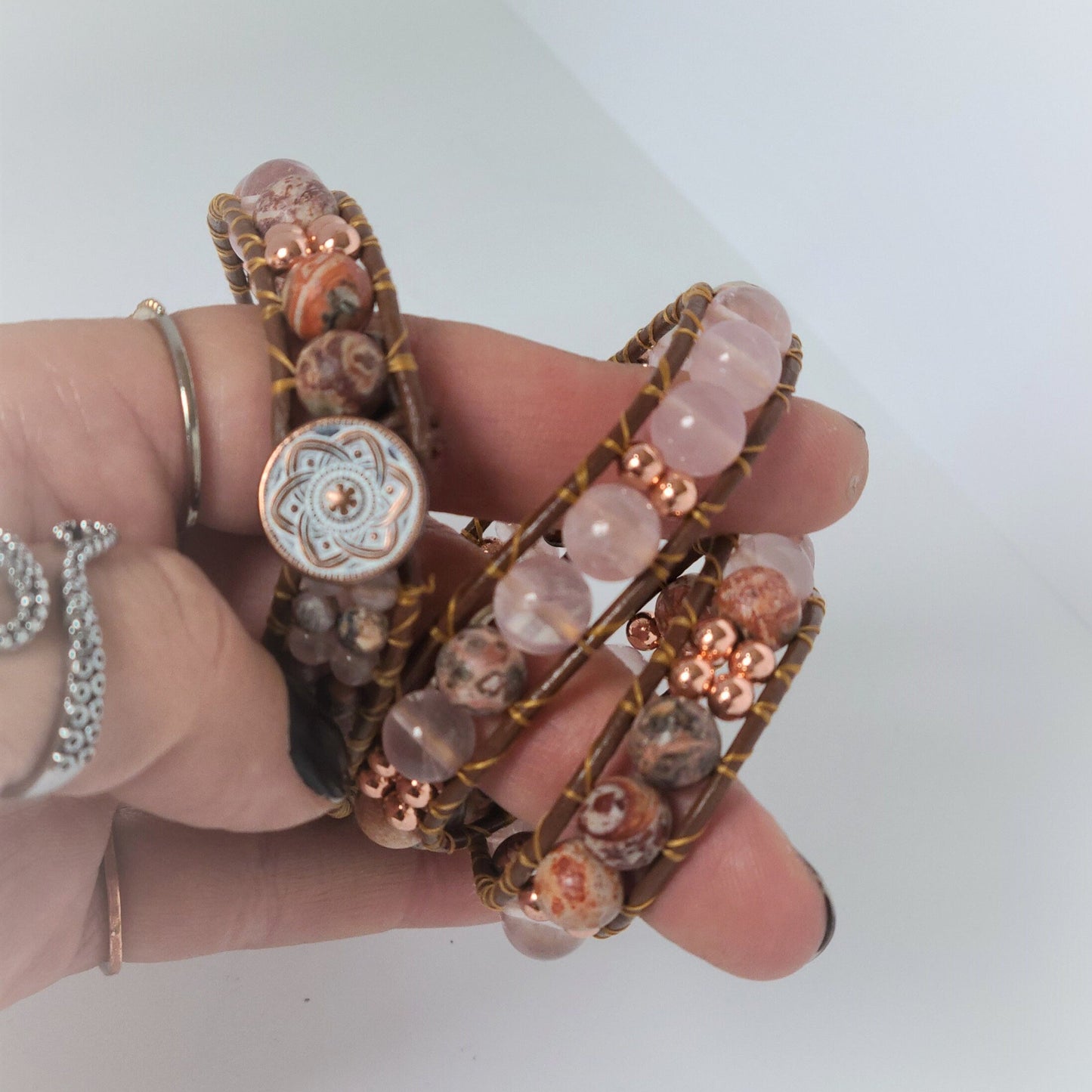 Rose Quartz, Leopard Jasper & Rose Gold Hematite Leather Wrap Bracelet