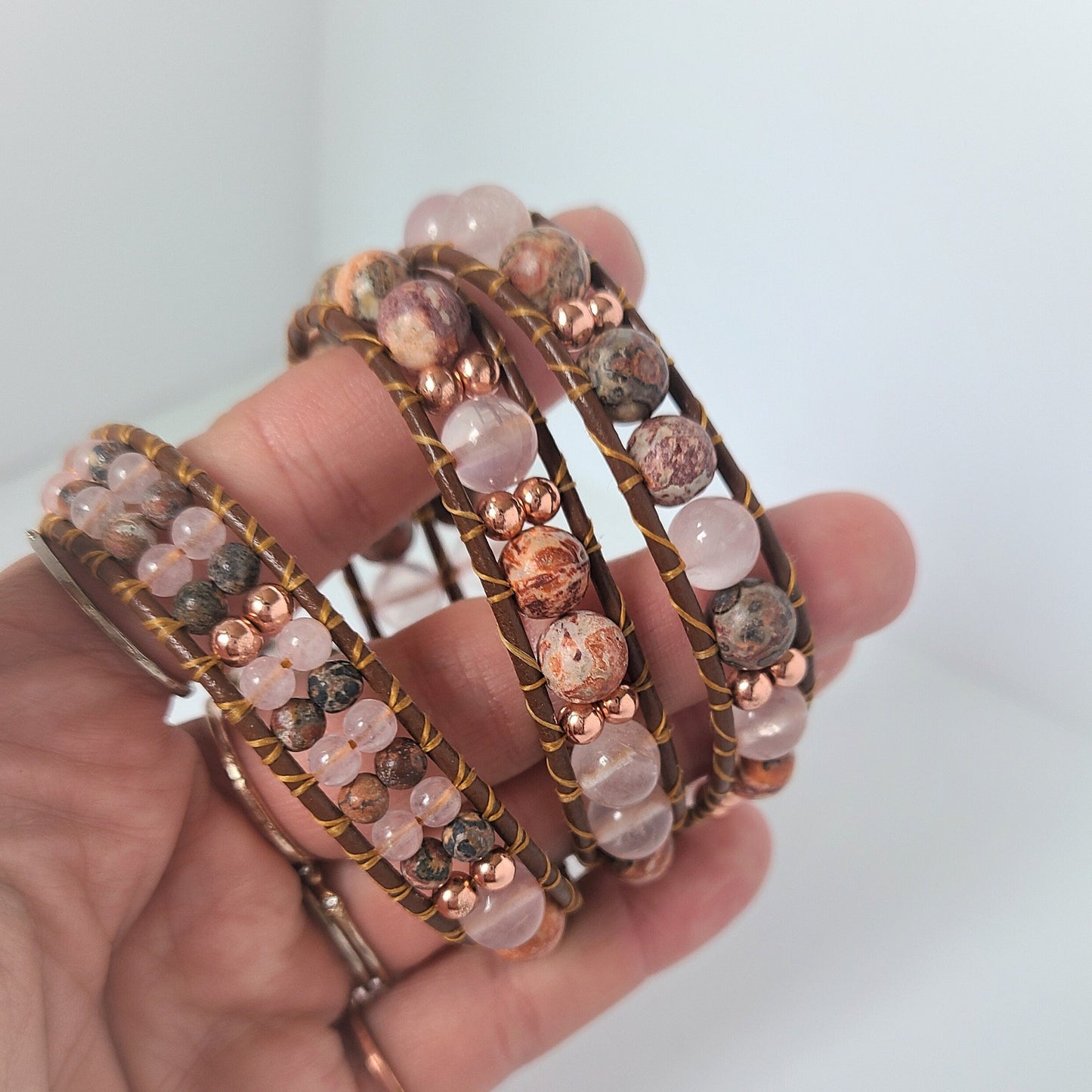 Rose Quartz, Leopard Jasper & Rose Gold Hematite Leather Wrap Bracelet