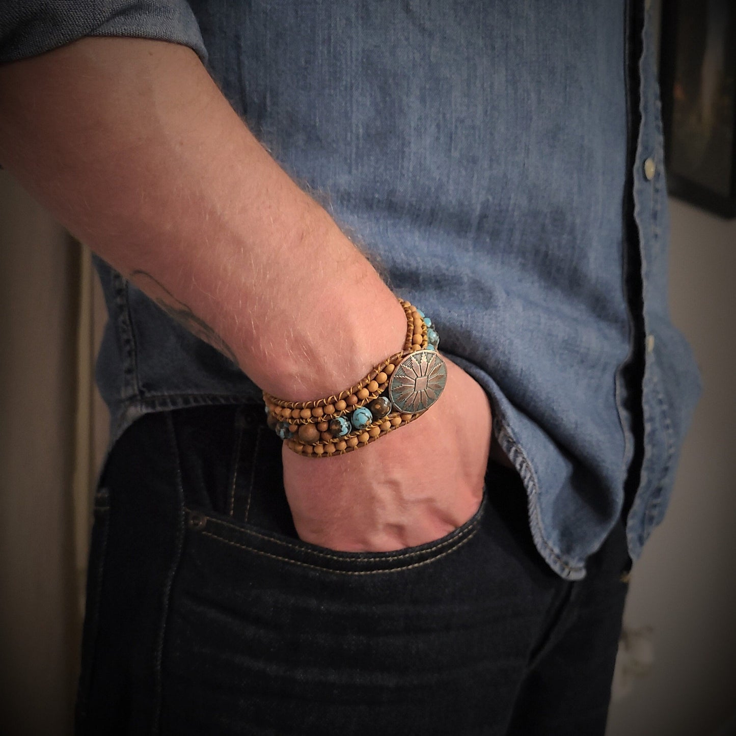 Sandalwood & Siderolite Leather Cuff Bracelet