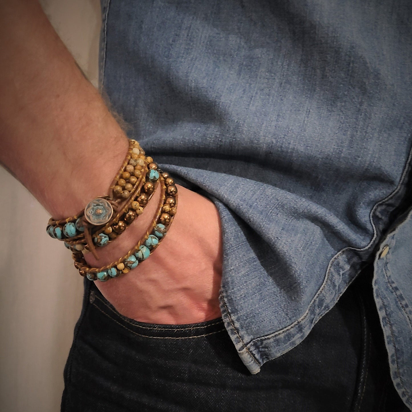 Siderolite, Copper Hematite & Jasper Leather Wrap Bracelet