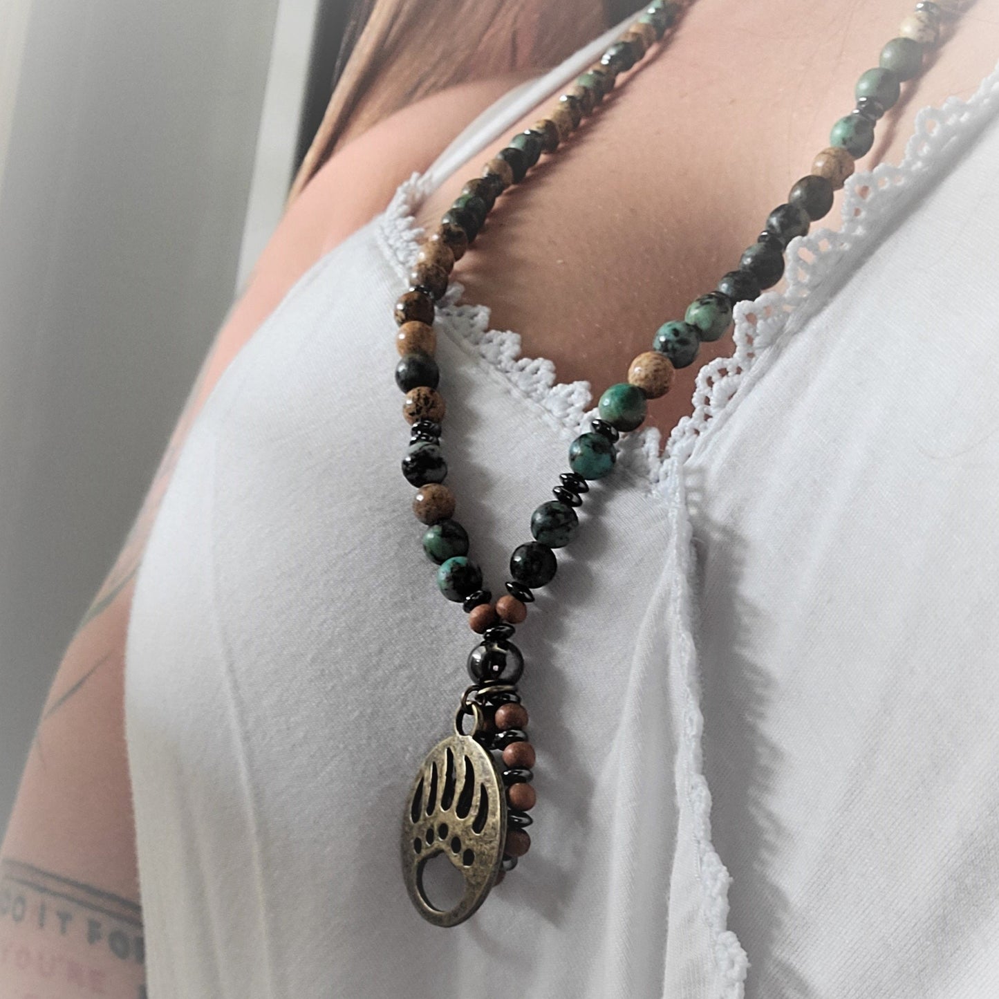 African Turquoise & Jasper 108 Bead Mala Necklace with Bear Paw Pendant