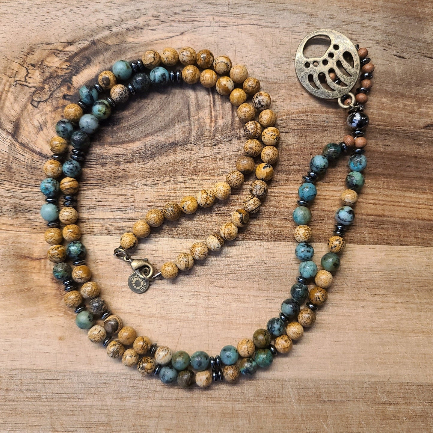 African Turquoise & Jasper 108 Bead Mala Necklace with Bear Paw Pendant