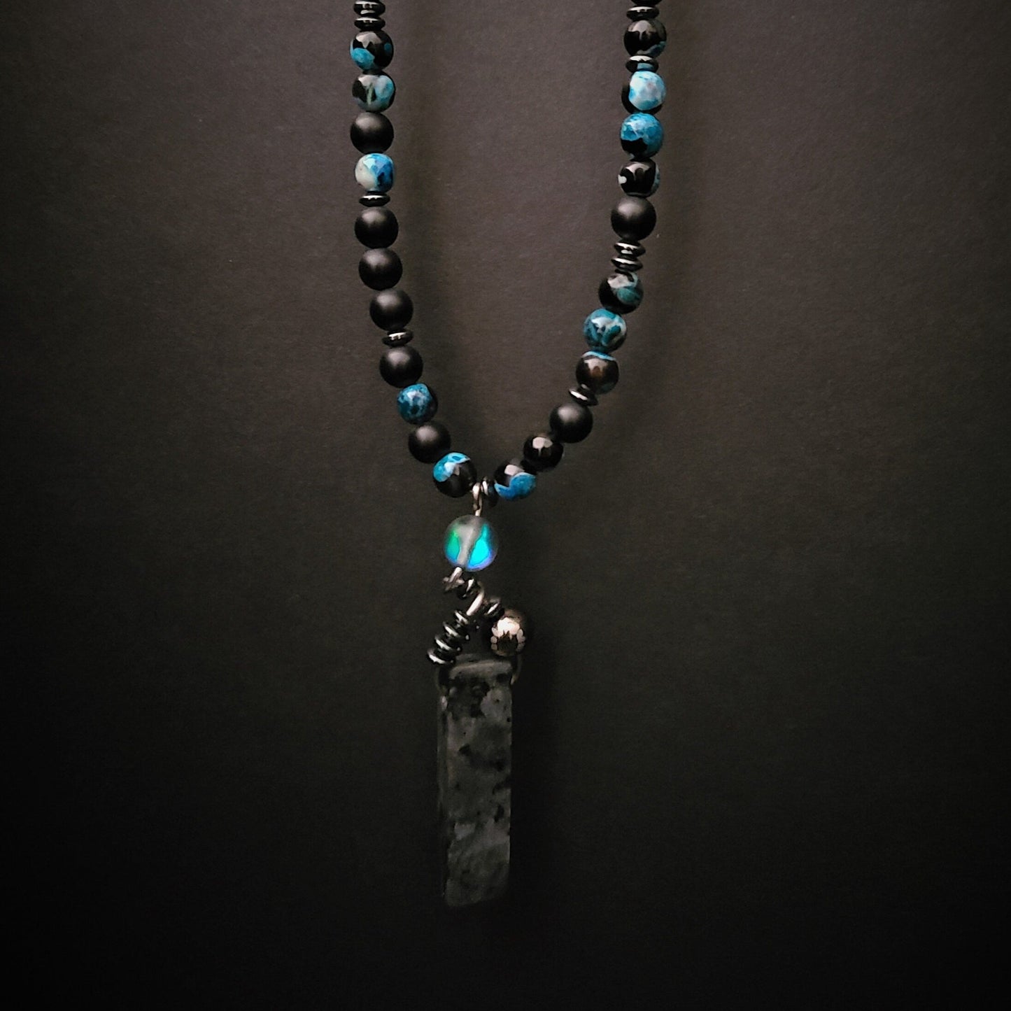 Blue Fire Agate & Onyx 108 Bead Mala Necklace with Labradorite Pendant