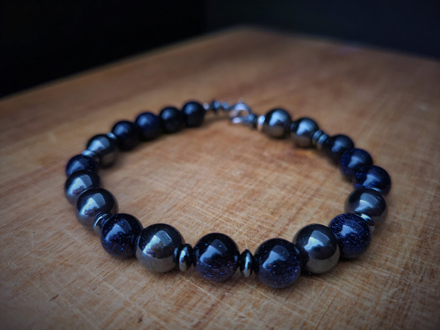 Blue Sandstone and Magnetic Hematite Steel Bracelet (8mm)