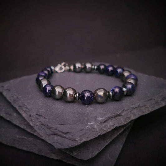 Blue Sandstone and Magnetic Hematite Steel Bracelet (8mm)