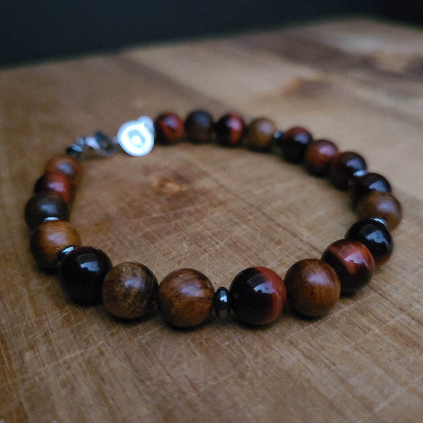 Red Tiger Eye and Sandalwood Steel Bracelet