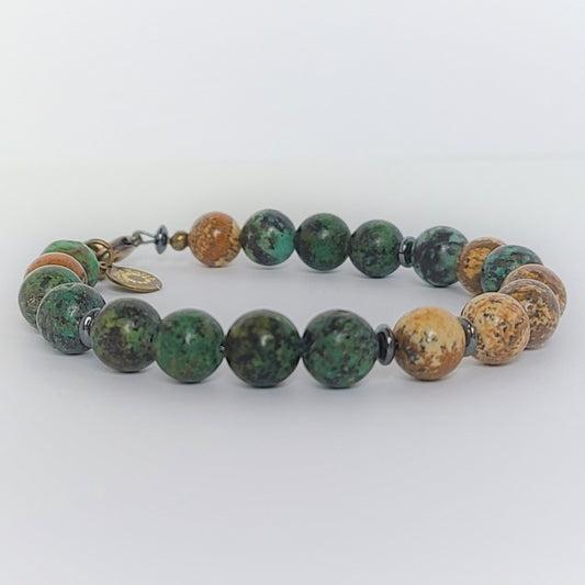 African Turquoise and Picture Jasper Steel Bracelet