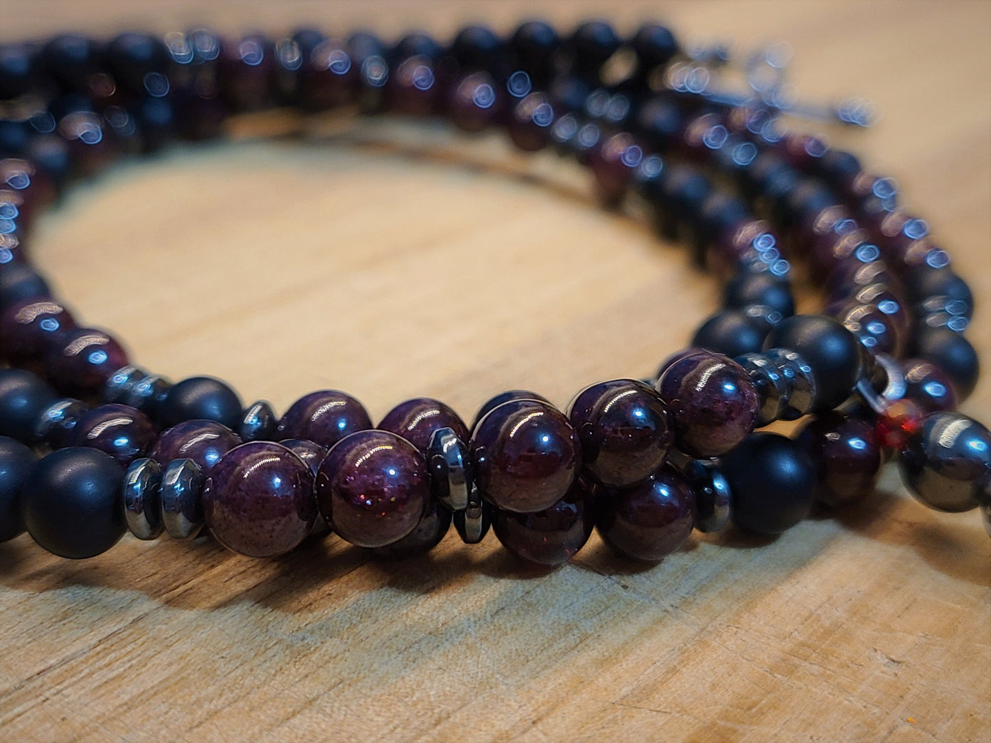 Garnet & Onyx 108 Bead Mala Necklace with Dragon Vein Pendant