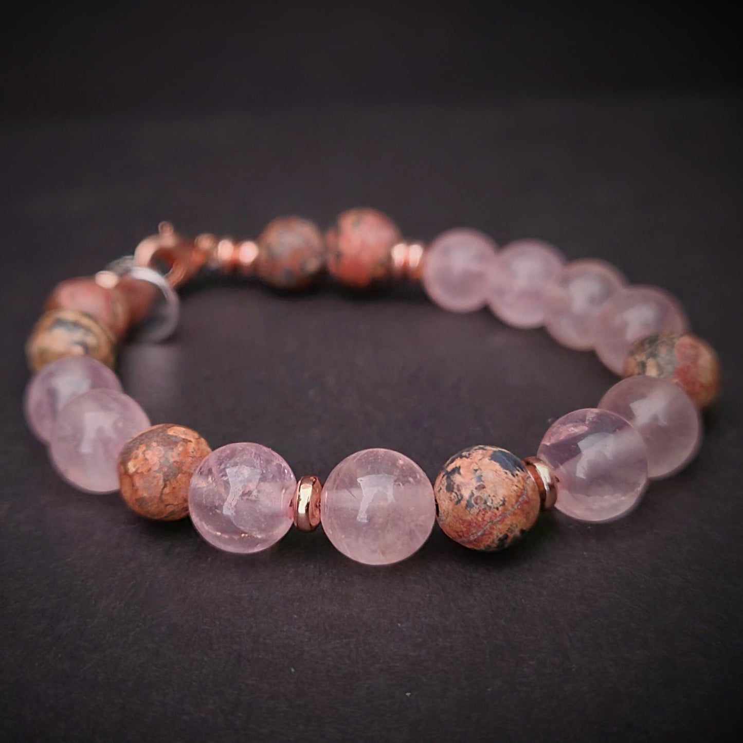 Rose Quartz and Leopard Jasper Steel Bracelet