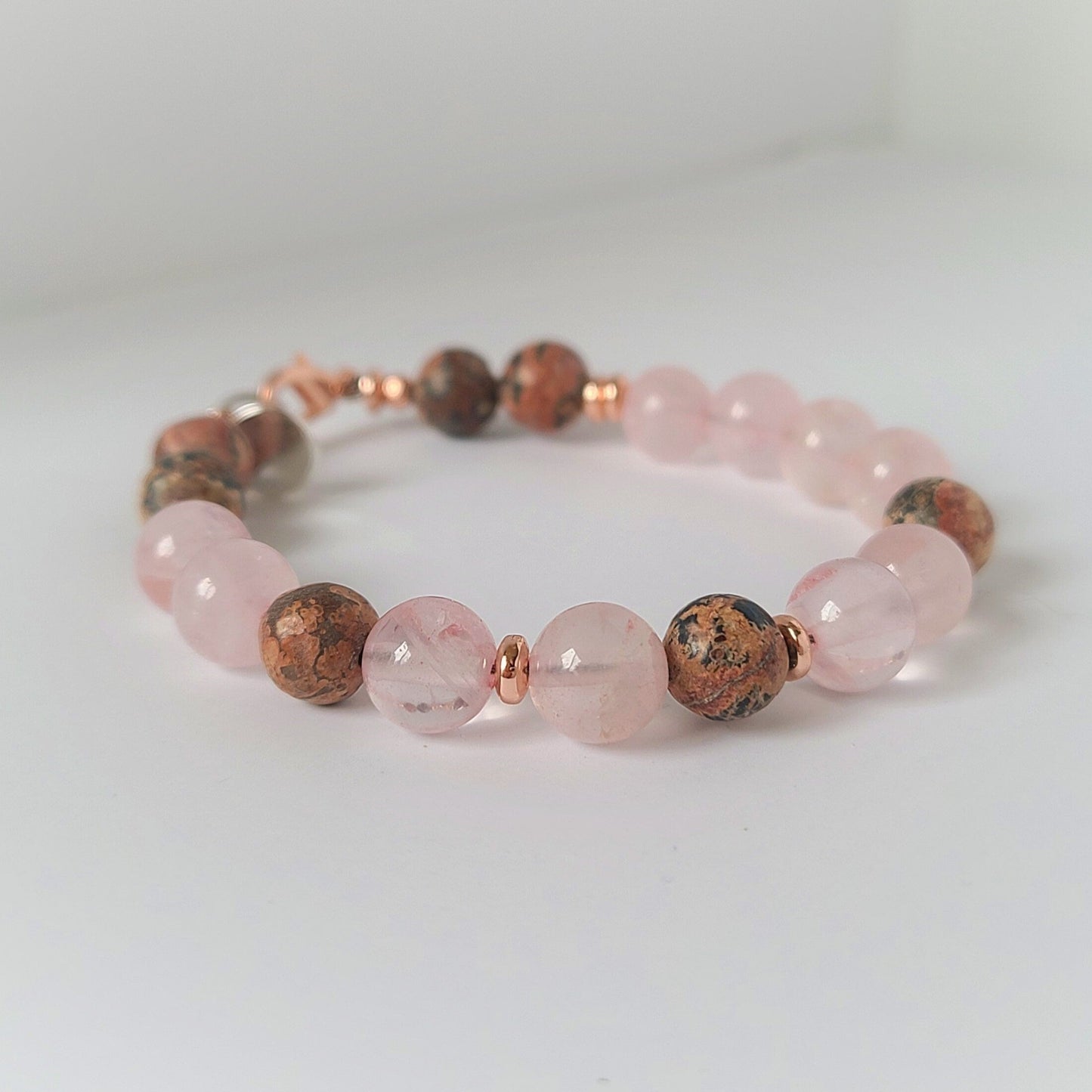 Rose Quartz and Leopard Jasper Steel Bracelet