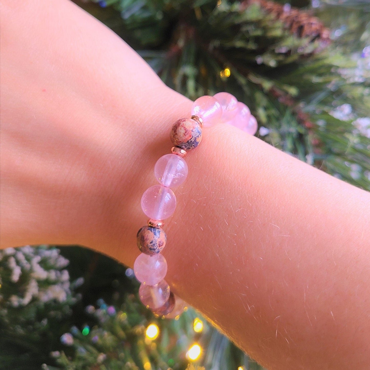 Rose Quartz and Leopard Jasper Steel Bracelet