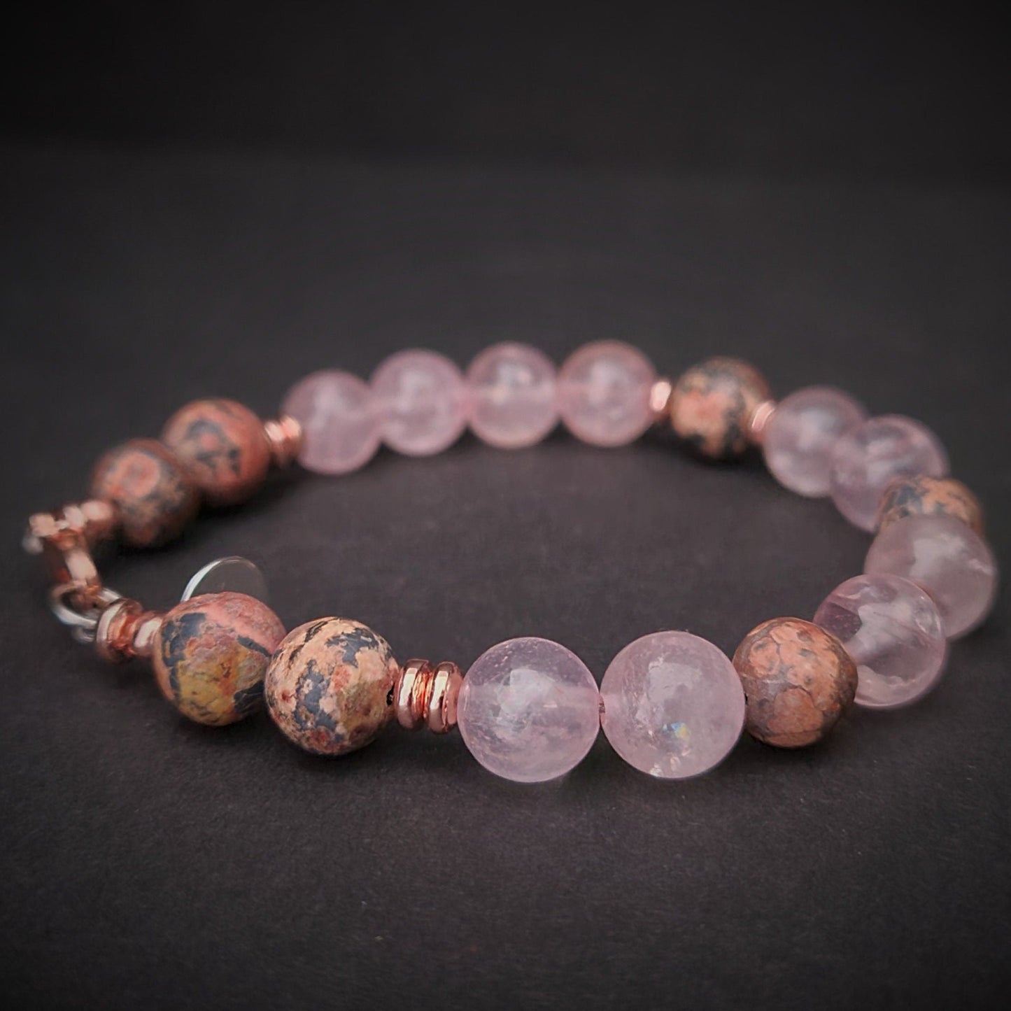 Rose Quartz and Leopard Jasper Steel Bracelet